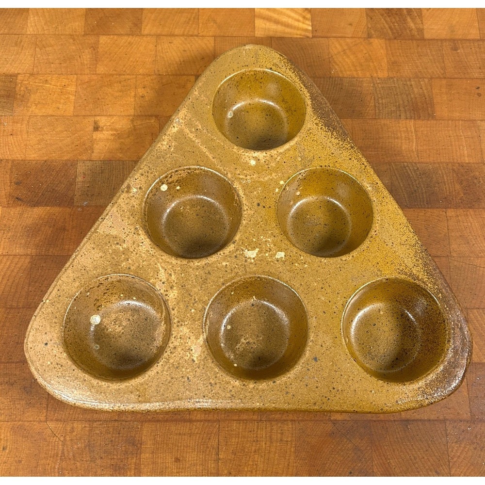 Vintage Studio Pottery Handmade Signed Muffin Pan 10.5" Unique Triangle Shape